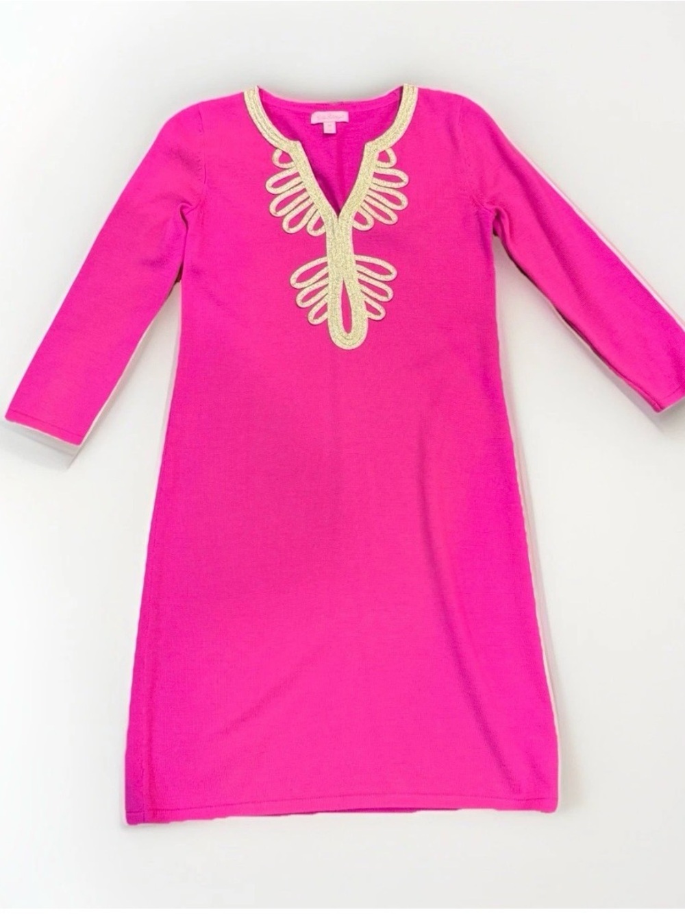 Lilly Pulitzer 100% Merino Wool Hot Pink Mini Dress with Gold Trim XS like new